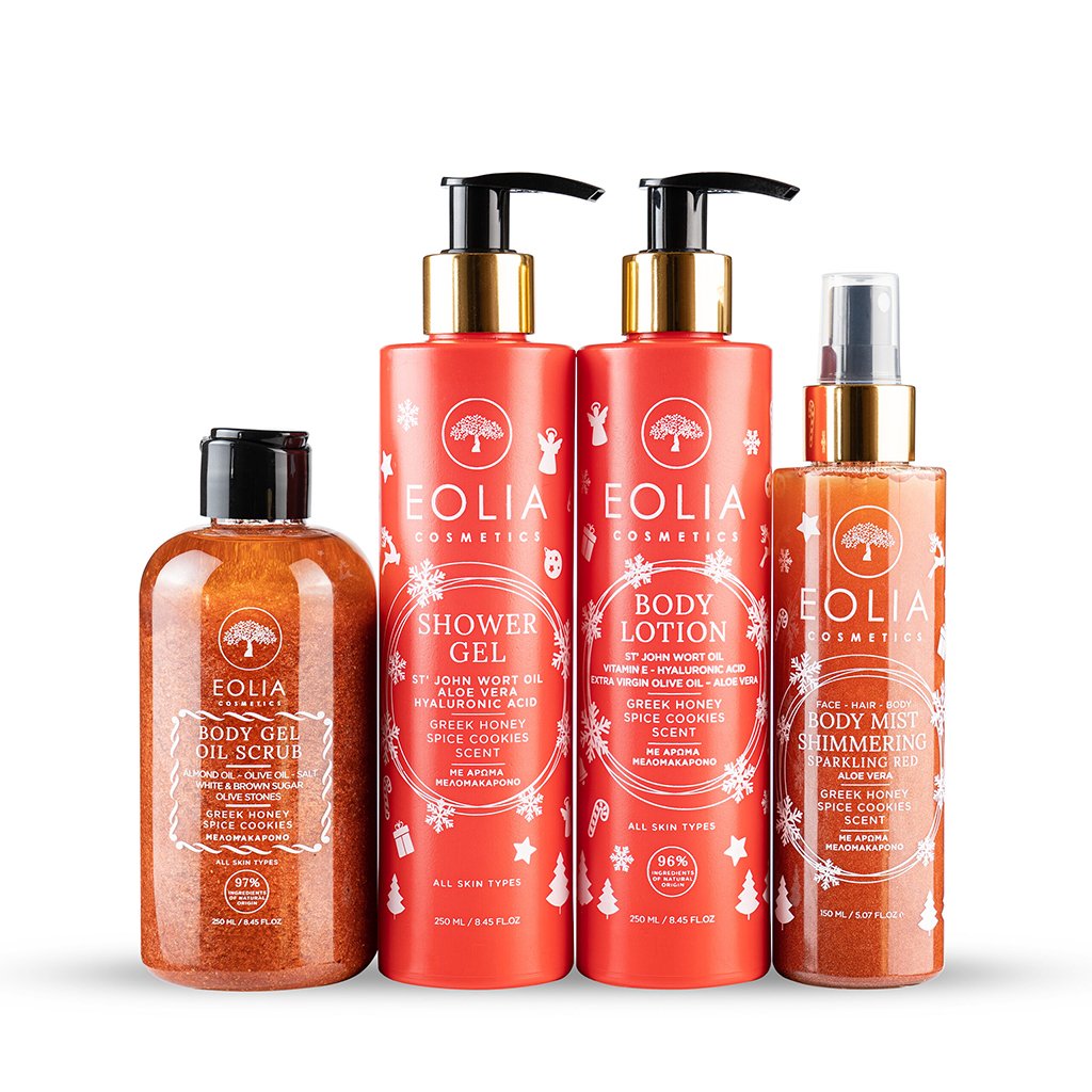 Gift Box X-MAS Edition Eolia Cosmetics με άρωμα Μελομακάρονο  (BODY LOTION - SHOWER GEL - BODY GEL OIL SCRUB - BODY MIST)